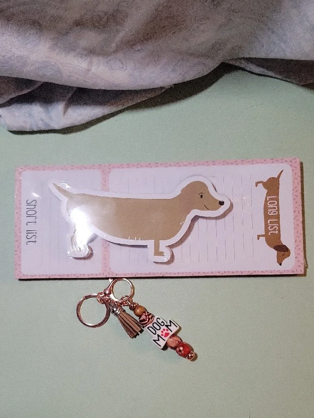 Beige Dachshund Notepad with Rose Gold Dog Mom Keychain